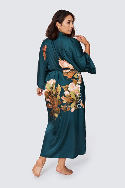 Women'S plus Size Charmeuse Kimono Robe Long - Watercolor Floral