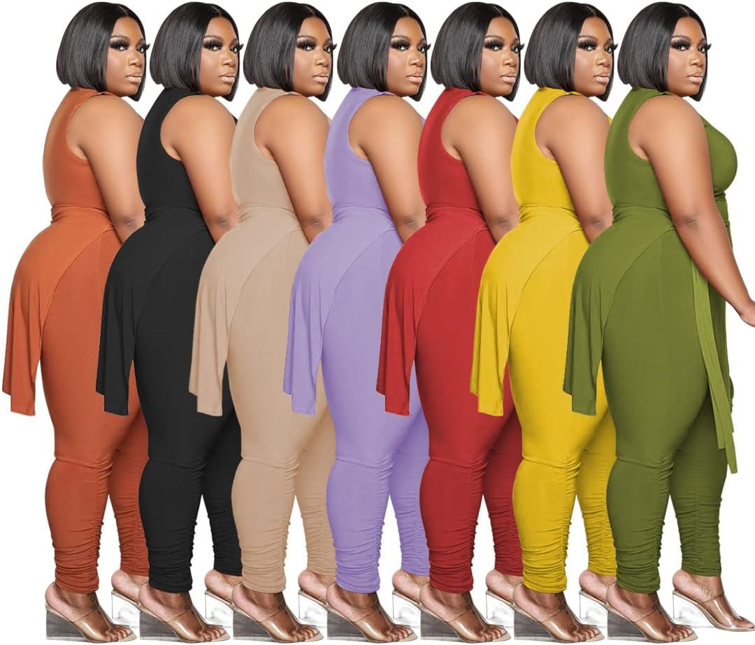 Plus Size 2 Piece Outfits for Women Tracksuit - Casual High Split Bandage Tank Top + Skinny Long Pants Sweatsuit Khaki XL