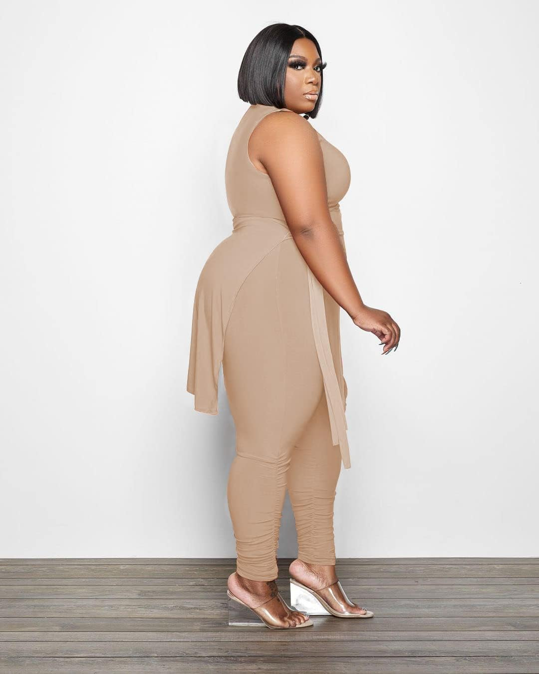 Plus Size 2 Piece Outfits for Women Tracksuit - Casual High Split Bandage Tank Top + Skinny Long Pants Sweatsuit Khaki XL