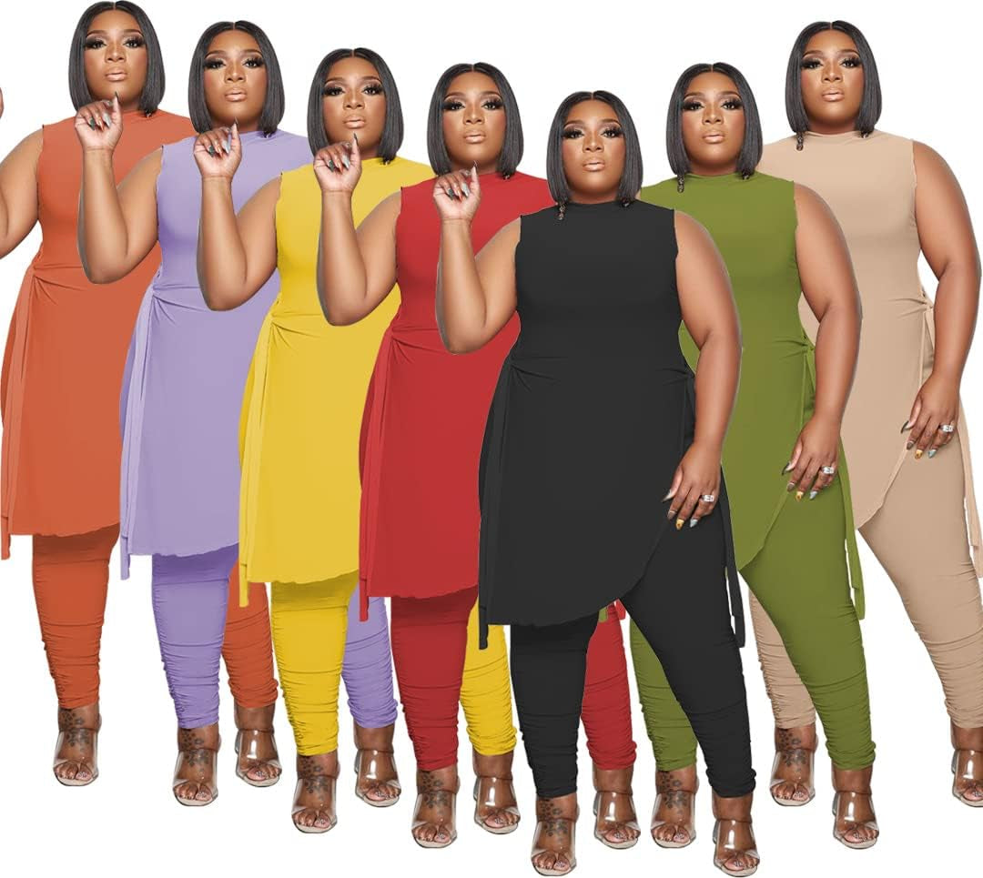 Plus Size 2 Piece Outfits for Women Tracksuit - Casual High Split Bandage Tank Top + Skinny Long Pants Sweatsuit Khaki XL