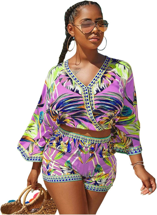 2 Piece Outfits for Women Summer Two Piece Crop Top Shorts Set Boho Floral Print Romper Jumpsuit