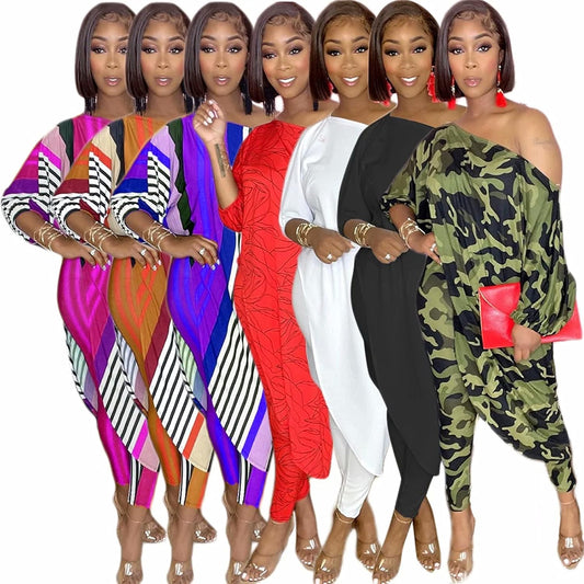 Plus Size Womens 2 Piece Outfits Casual Printed Long Tops Bodycon Oversized Pants Sweatsuit Set