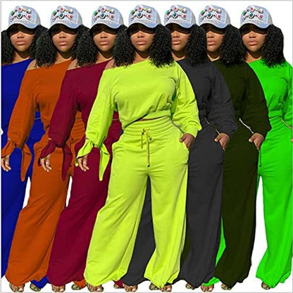 Women'S Casual 2 Piece Outfits Long Sleeve off Shoulder plus Size Sweater Crop Top and Wide Leg Pants Sets Track Suits Grey M