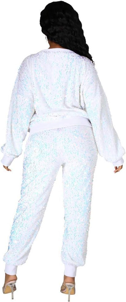 Women plus Size 2 Piece Outfits Glitter Sequins Sweatshirt and Pants Set Metallic Shiny Clubwear with Mask S-5XL