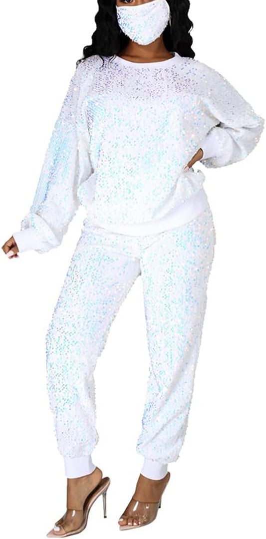 Women plus Size 2 Piece Outfits Glitter Sequins Sweatshirt and Pants Set Metallic Shiny Clubwear with Mask S-5XL