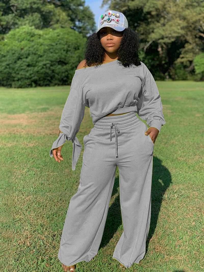 Women'S Casual 2 Piece Outfits Long Sleeve off Shoulder plus Size Sweater Crop Top and Wide Leg Pants Sets Track Suits Grey M