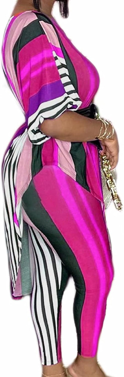 Plus Size Womens 2 Piece Outfits Casual Printed Long Tops Bodycon Oversized Pants Sweatsuit Set