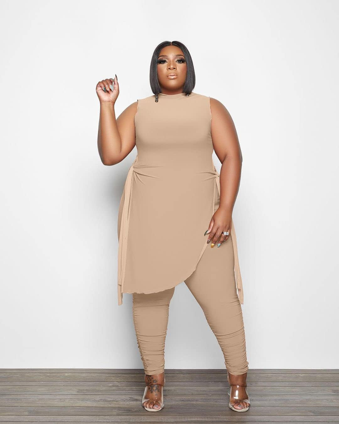 Plus Size 2 Piece Outfits for Women Tracksuit - Casual High Split Bandage Tank Top + Skinny Long Pants Sweatsuit Khaki XL
