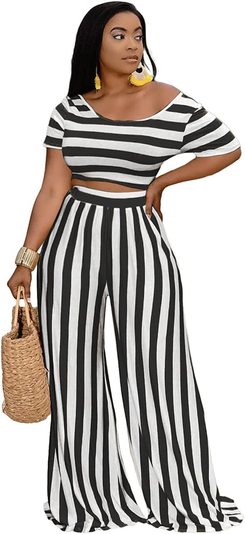Women'S plus Size 2 Piece Jumpsuit Short Sleeve Sexy Crop Top Wide Leg Pant Set Outfit