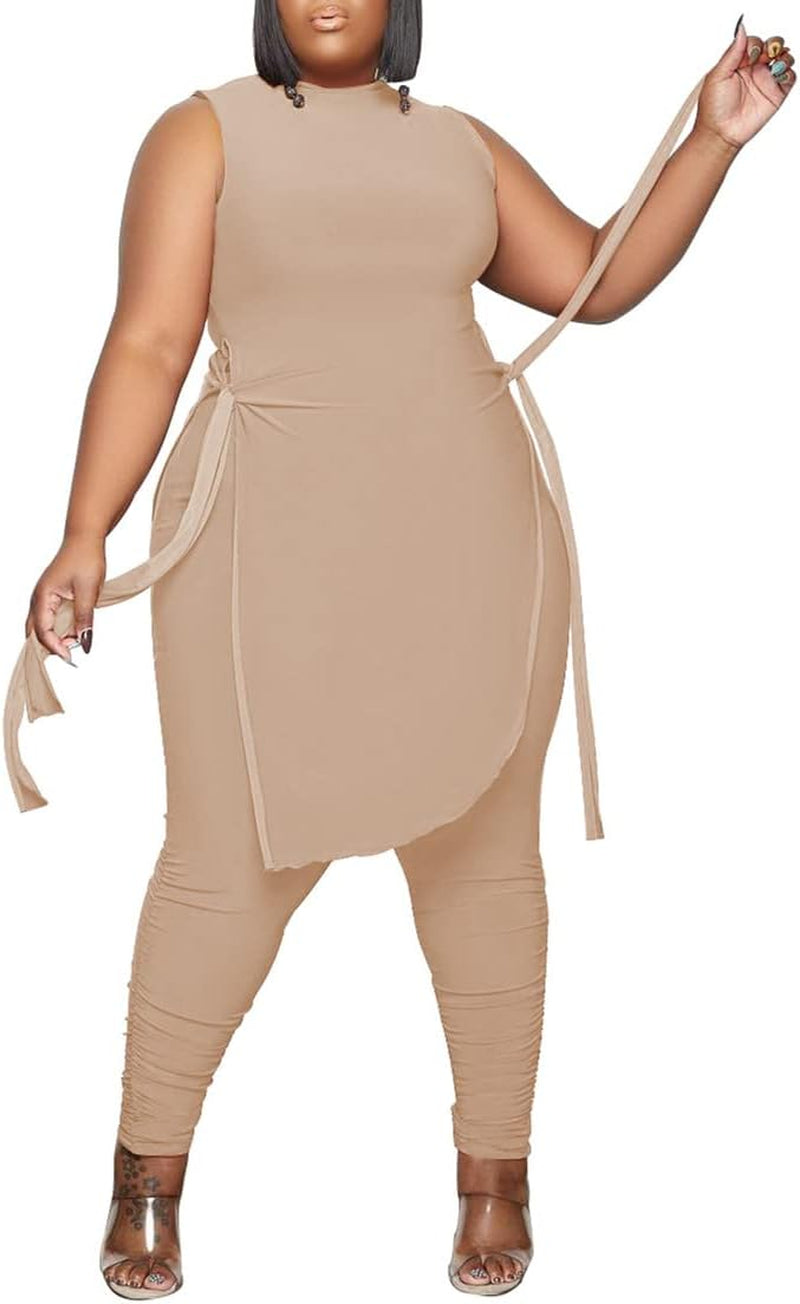 Plus Size 2 Piece Outfits for Women Tracksuit - Casual High Split Bandage Tank Top + Skinny Long Pants Sweatsuit Khaki XL