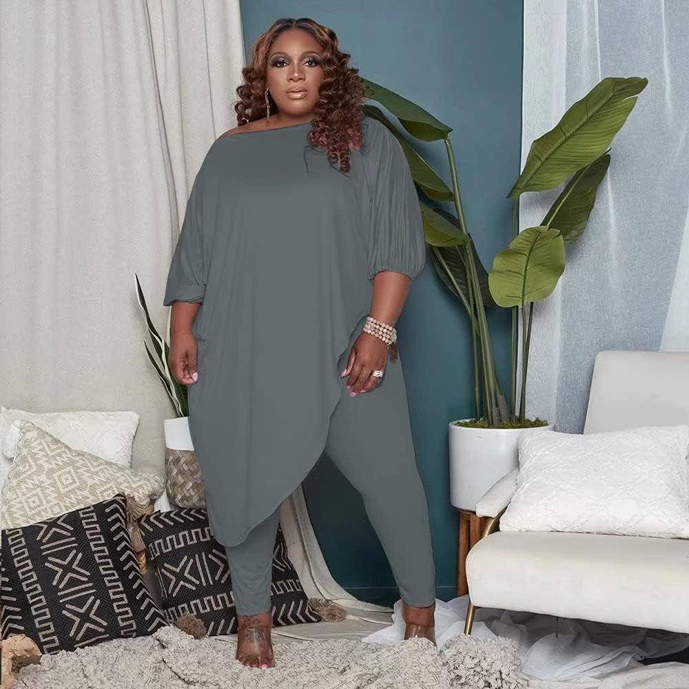 Plus Size Womens 2 Piece Outfits Tracksuits Long Sleeve Slant Shoulder Asymmetrica Tops Bodycon Pants Sweatsuit Sets, Gray