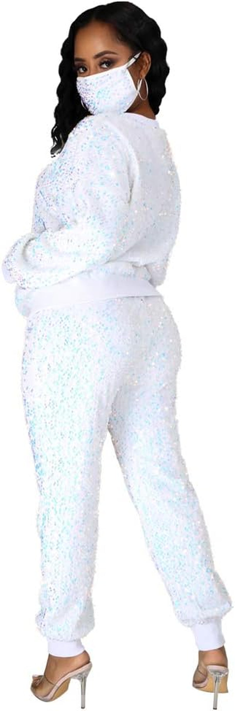 Women plus Size 2 Piece Outfits Glitter Sequins Sweatshirt and Pants Set Metallic Shiny Clubwear with Mask S-5XL