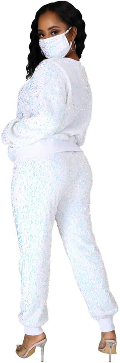 Women plus Size 2 Piece Outfits Glitter Sequins Sweatshirt and Pants Set Metallic Shiny Clubwear with Mask S-5XL