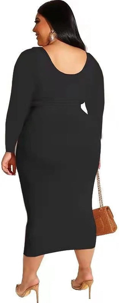 2 Piece Skirt Set for Women, plus Size Long Sleeve High Waist Crop Top, Midi Dress Bodycon Skirts Set, Black, 4X-Large