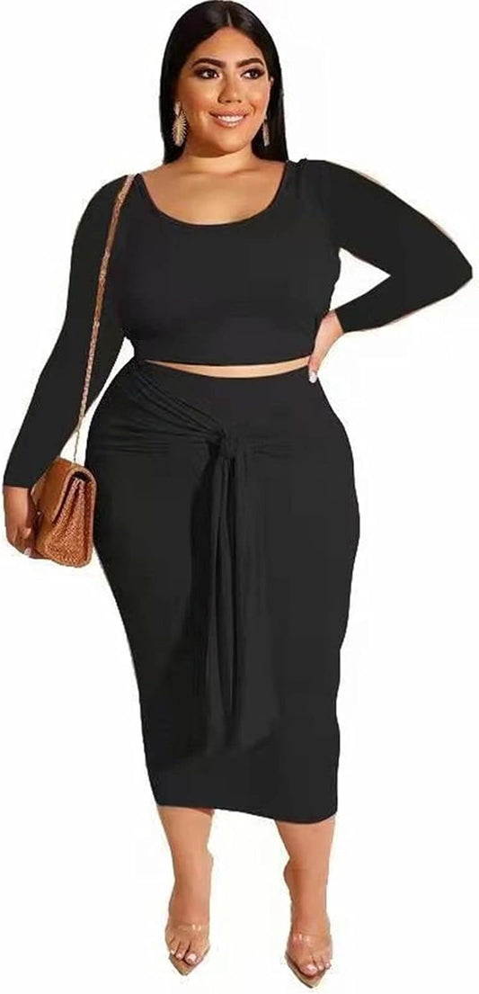 2 Piece Skirt Set for Women, plus Size Long Sleeve High Waist Crop Top, Midi Dress Bodycon Skirts Set, Black, 4X-Large