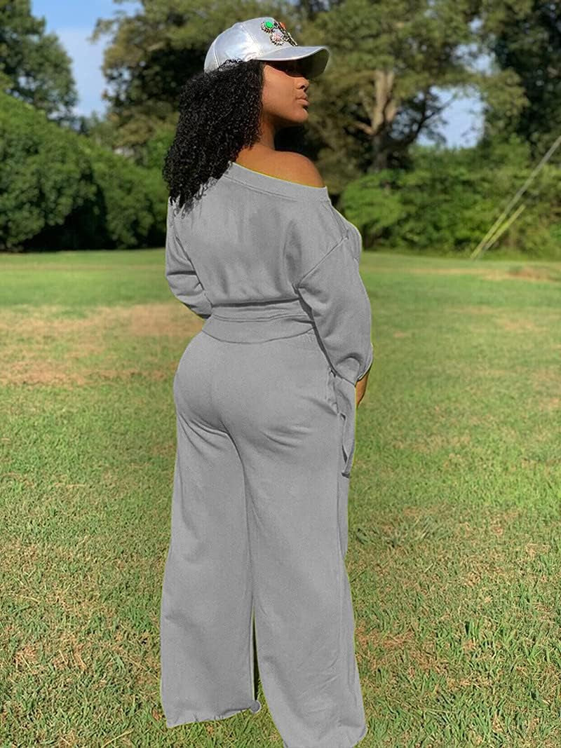 Women'S Casual 2 Piece Outfits Long Sleeve off Shoulder plus Size Sweater Crop Top and Wide Leg Pants Sets Track Suits Grey M