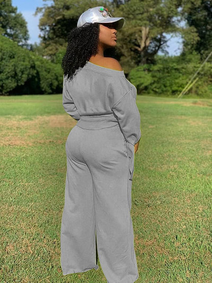 Women'S Casual 2 Piece Outfits Long Sleeve off Shoulder plus Size Sweater Crop Top and Wide Leg Pants Sets Track Suits Grey M