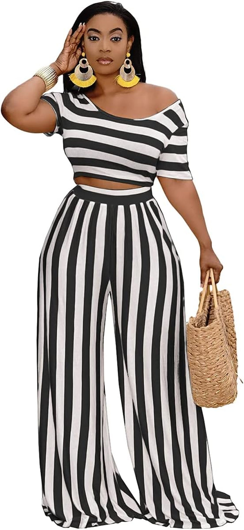 Women'S plus Size 2 Piece Jumpsuit Short Sleeve Sexy Crop Top Wide Leg Pant Set Outfit