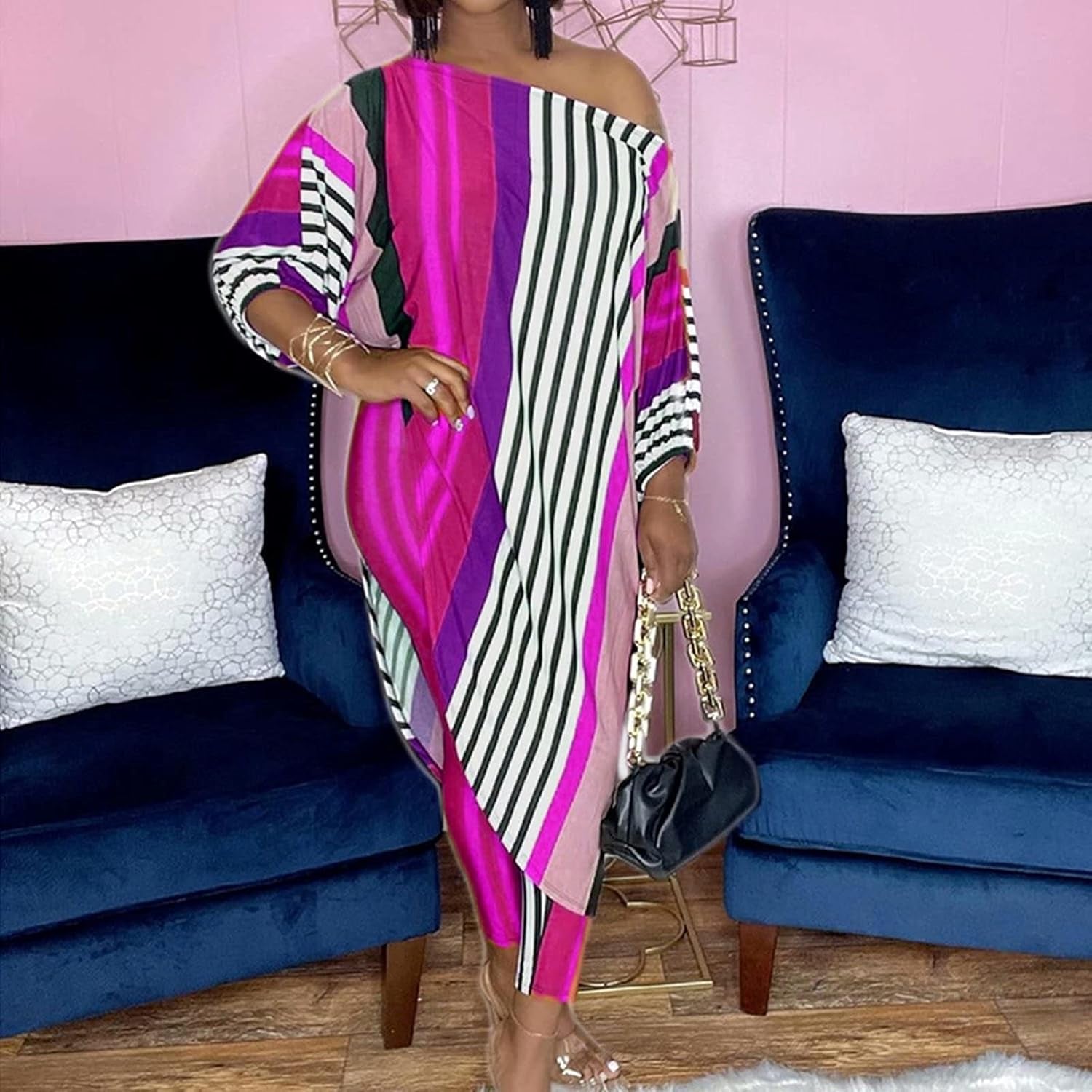 Plus Size Womens 2 Piece Outfits Casual Printed Long Tops Bodycon Oversized Pants Sweatsuit Set