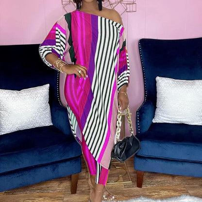 Plus Size Womens 2 Piece Outfits Casual Printed Long Tops Bodycon Oversized Pants Sweatsuit Set