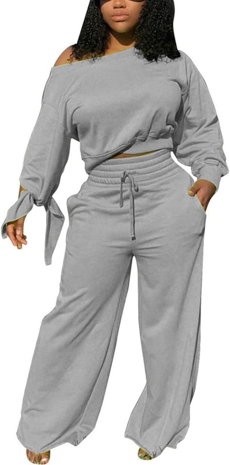 Women'S Casual 2 Piece Outfits Long Sleeve off Shoulder plus Size Sweater Crop Top and Wide Leg Pants Sets Track Suits Grey M