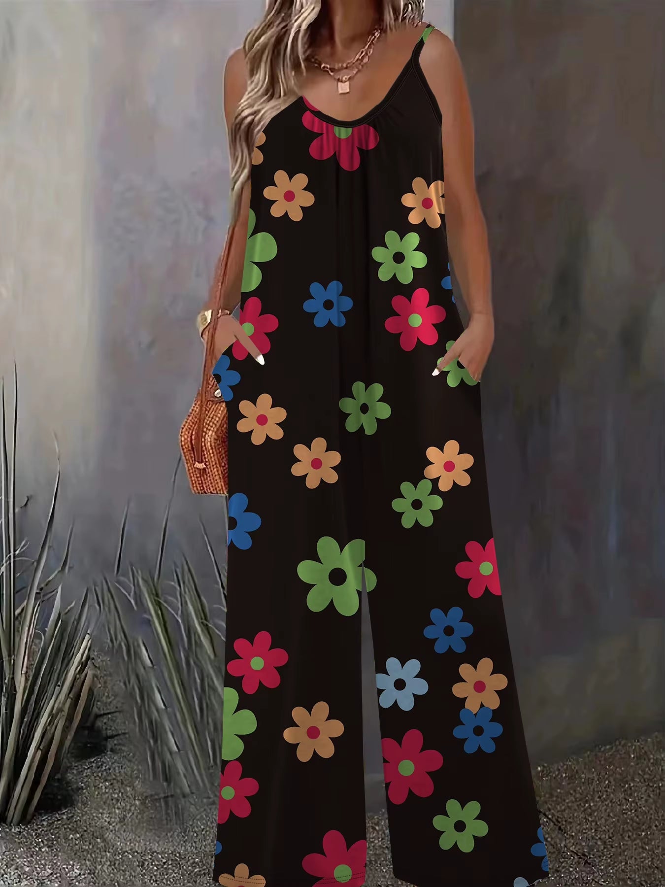 Plus Size Floral Print Wide Leg Jumpsuit, Casual Sleeveless Pockets Jumpsuit, Women'S plus Size Clothing