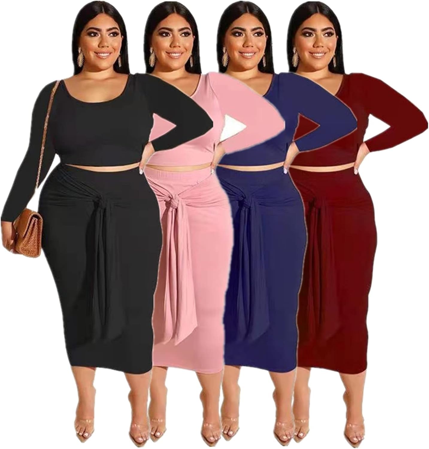 2 Piece Skirt Set for Women, plus Size Long Sleeve High Waist Crop Top, Midi Dress Bodycon Skirts Set, Black, 4X-Large