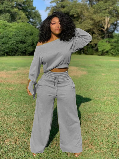 Women'S Casual 2 Piece Outfits Long Sleeve off Shoulder plus Size Sweater Crop Top and Wide Leg Pants Sets Track Suits Grey M