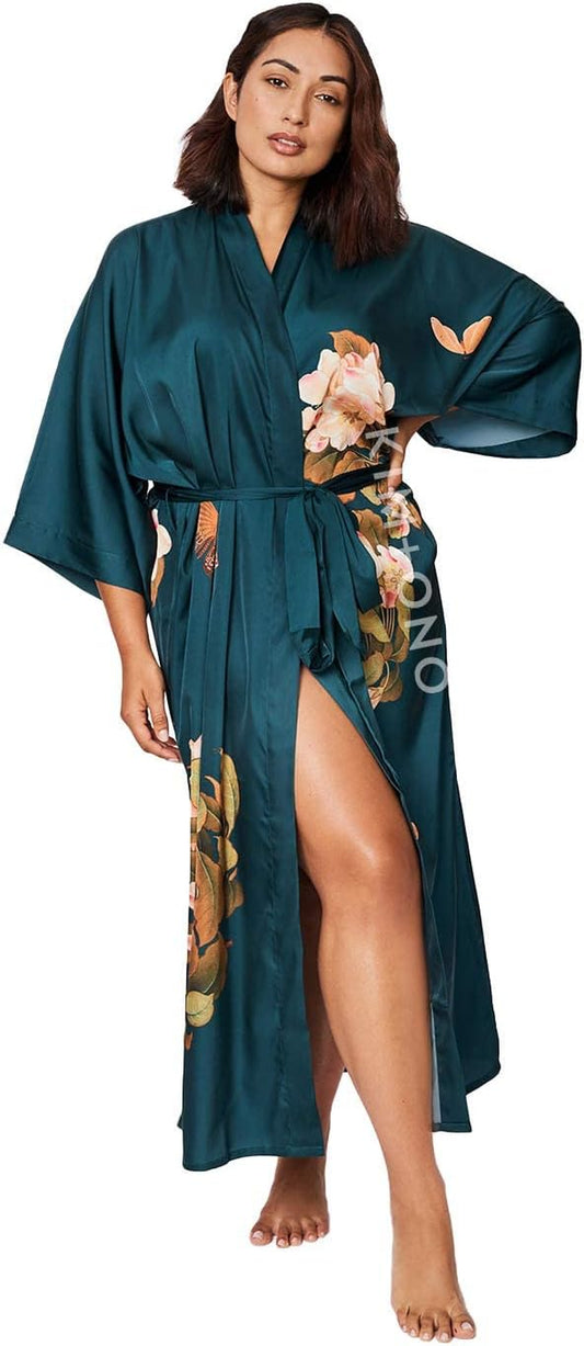 Women'S plus Size Charmeuse Kimono Robe Long - Watercolor Floral