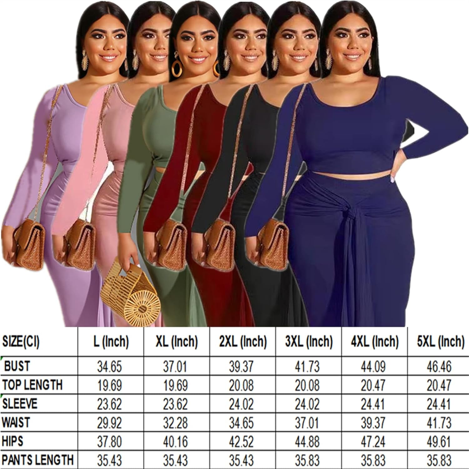 2 Piece Skirt Set for Women, plus Size Long Sleeve High Waist Crop Top, Midi Dress Bodycon Skirts Set, Black, 4X-Large