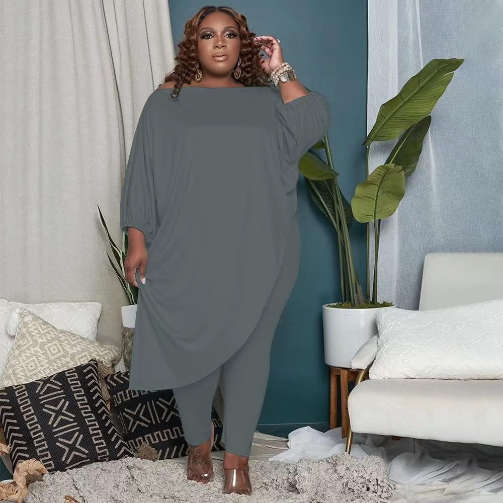 Plus Size Womens 2 Piece Outfits Tracksuits Long Sleeve Slant Shoulder Asymmetrica Tops Bodycon Pants Sweatsuit Sets, Gray