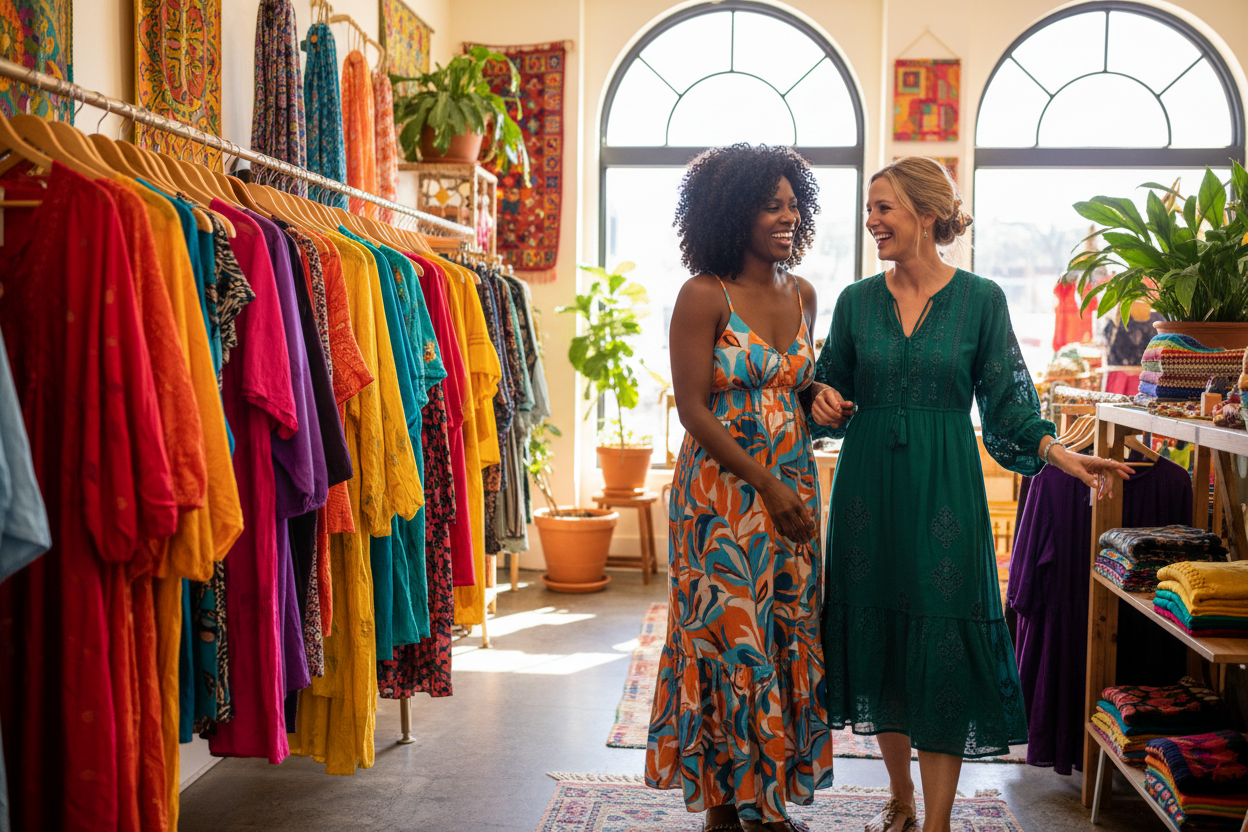 two women around the age of 40. ONe black and one is white both wearing flowing casually chic dreasing looking for clothign in a colorful boutique.  they are friends and enjoying the shoping for the day